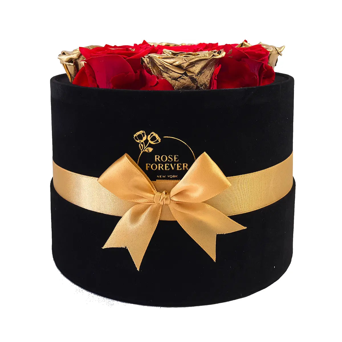 9 Red & Gold Preserved Roses in Velvet Round Gift Box