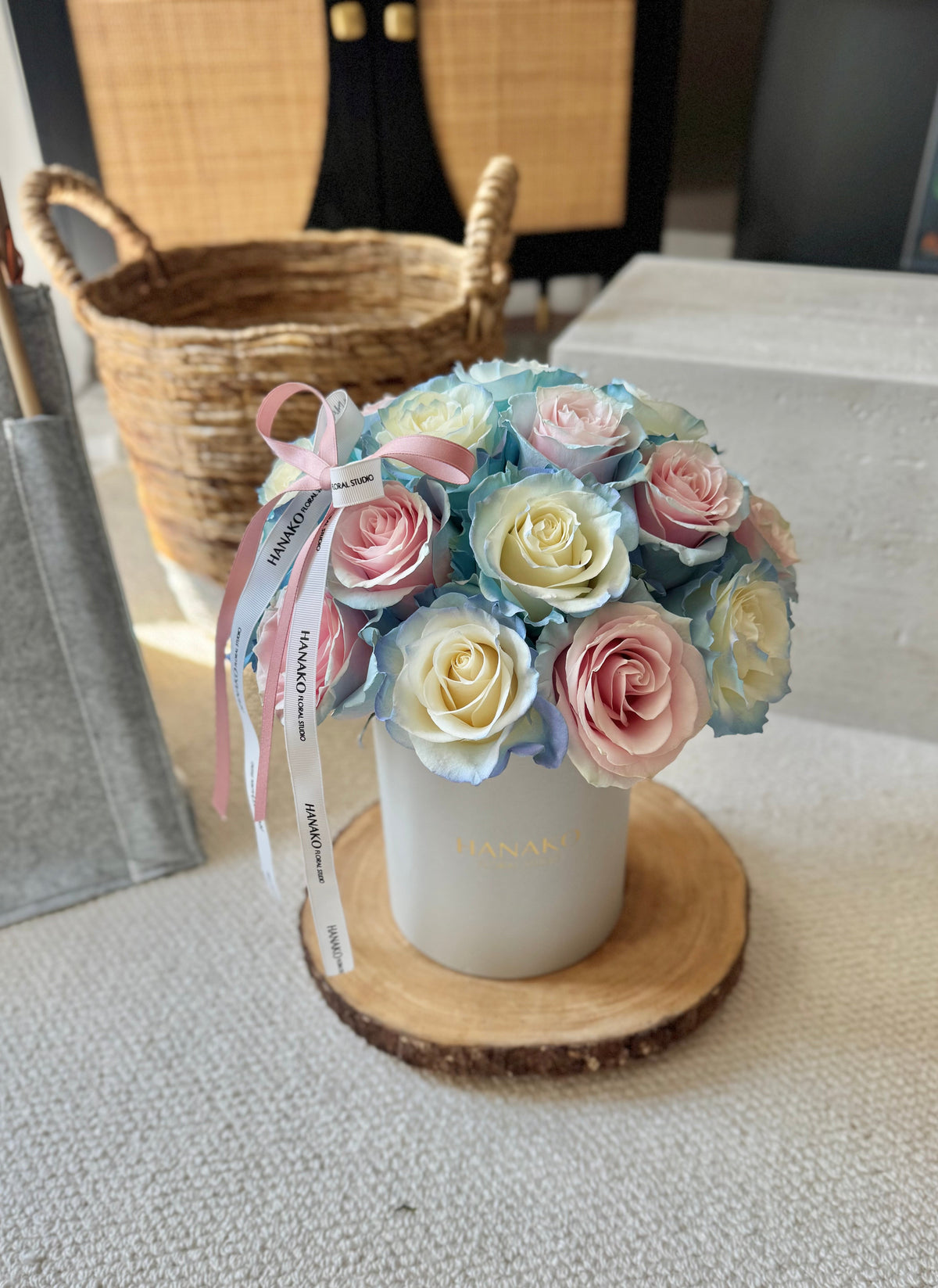 2 Blue Preserved Roses in Round Gift Box