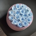 16 Blue & Pink Preserved Roses in Velvet Round Gift Box