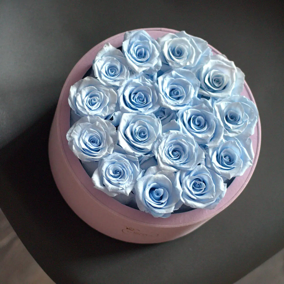 16 Blue & Pink Preserved Roses in Velvet Round Gift Box