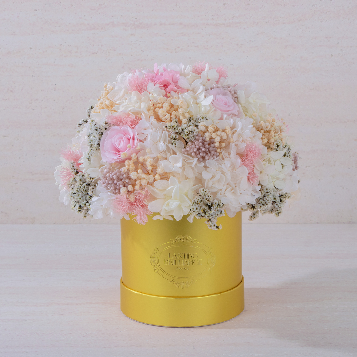 4 Gold Preserved Hydrangeas & Roses in Round Gift Box
