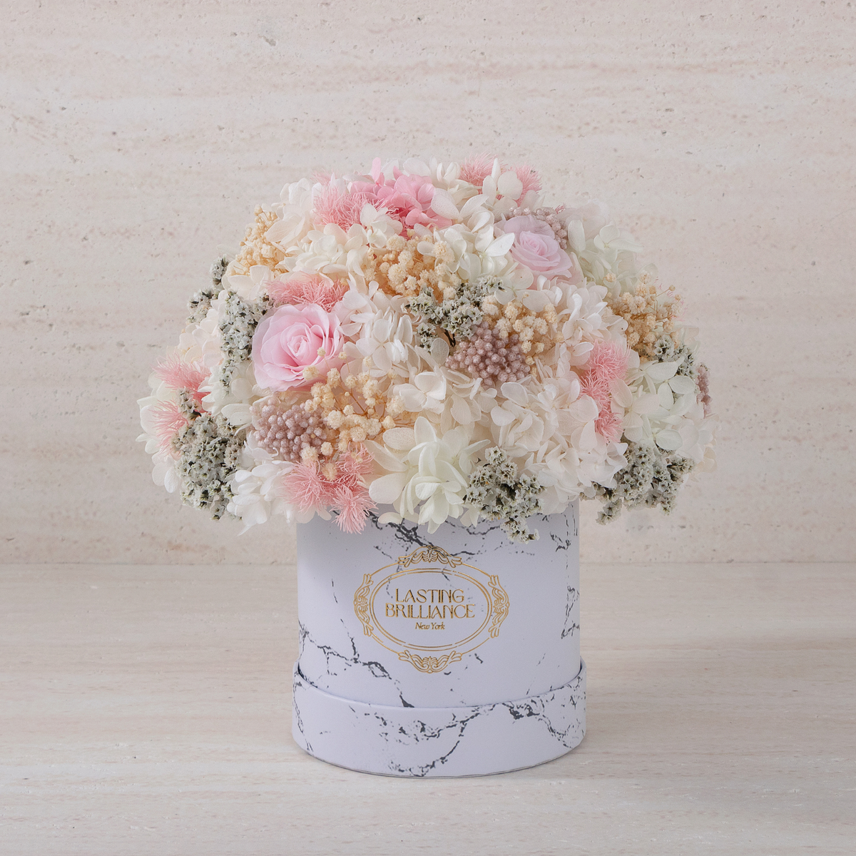 4 Preserved Hydrangeas & Roses in Marble Round Gift Box