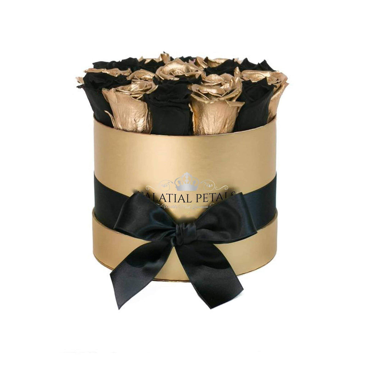 Black Magic & 24K Gold Preserved Roses in Classic Round Gift Box – Style 2