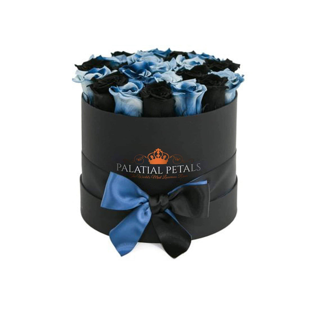 Black Magic & Coral Blue Preserved Roses in Round Gift Box