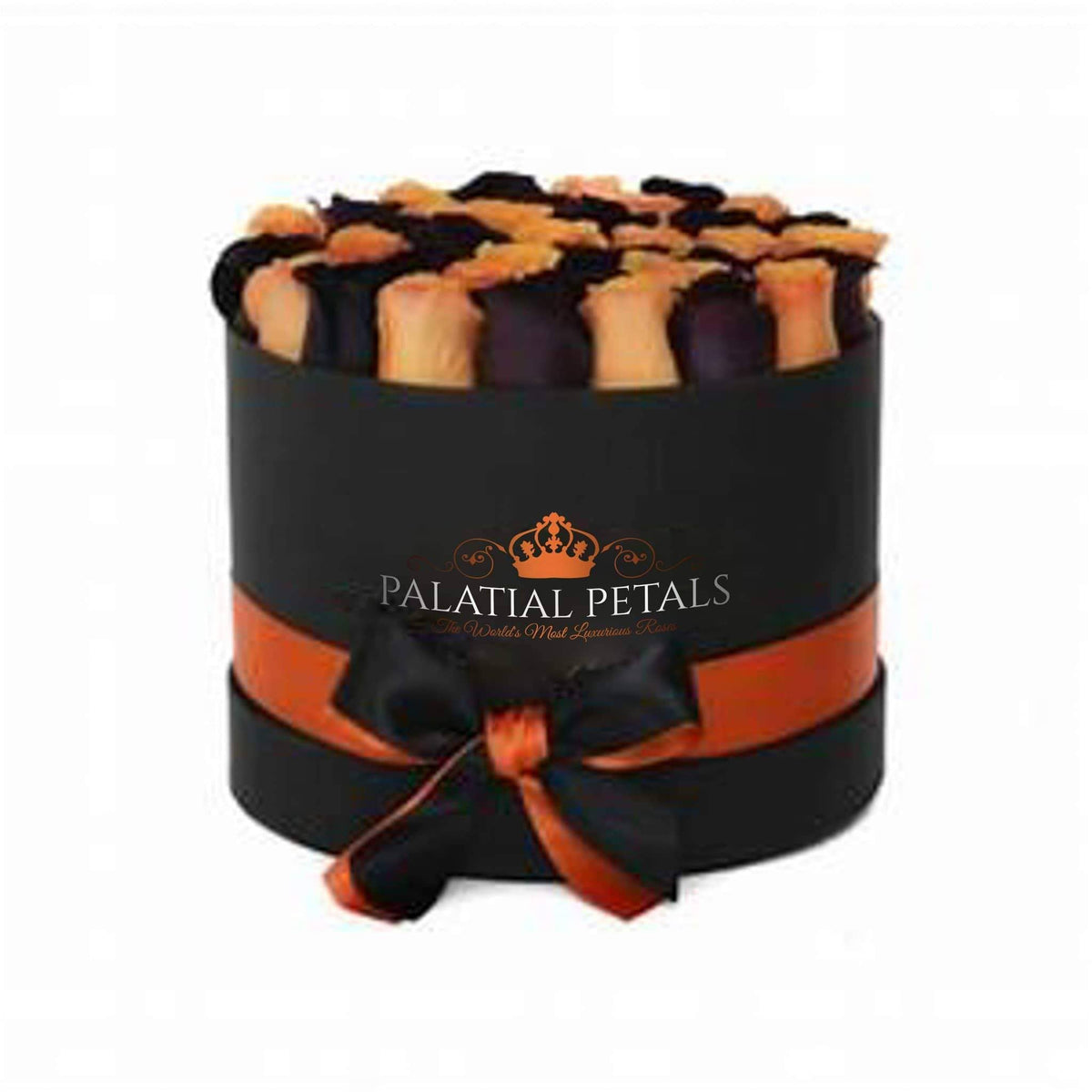 Large Black Magic & Orange Preserved Roses in Round Gift Box