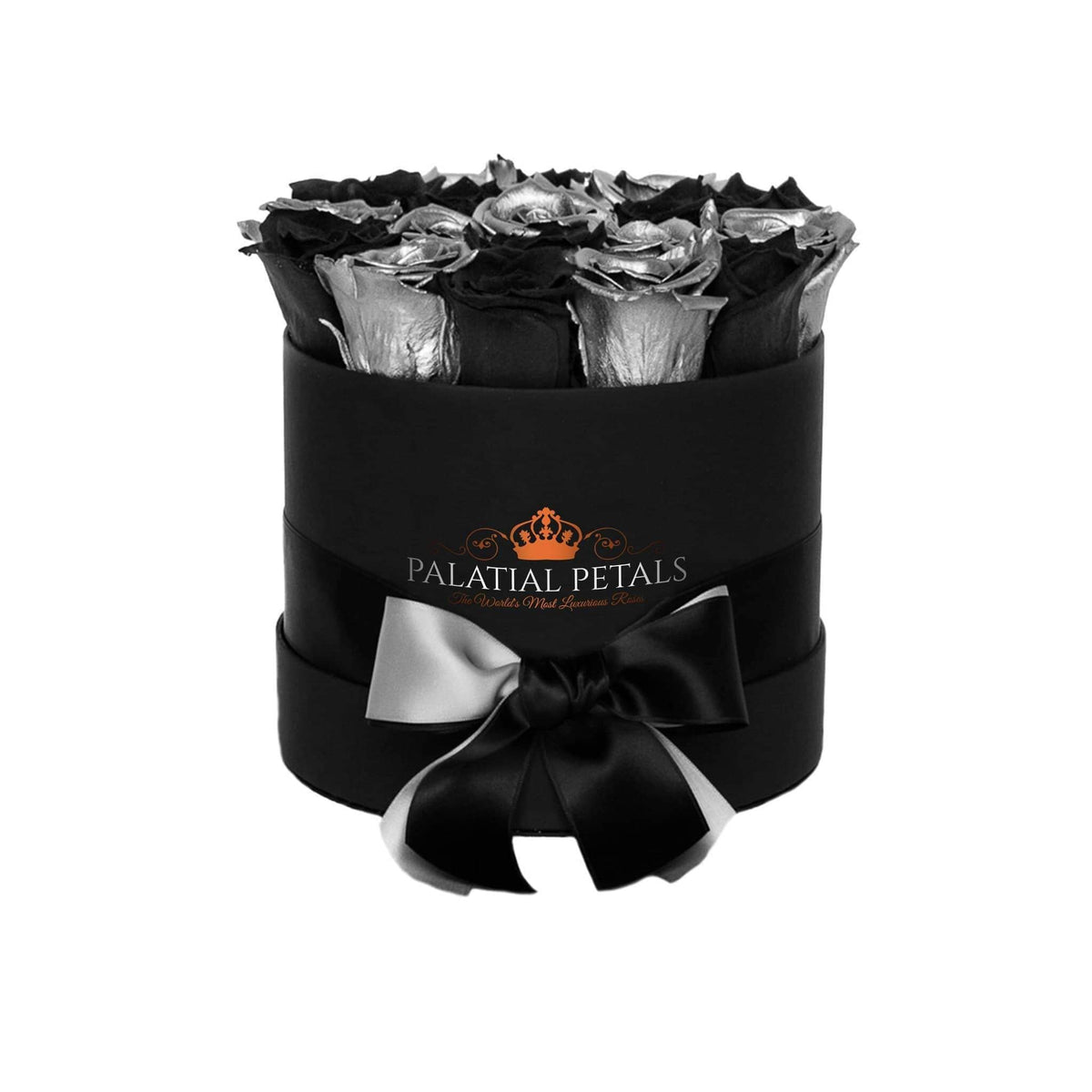 Black Magic & Metallic Silver Preserved Roses in Round Gift Box