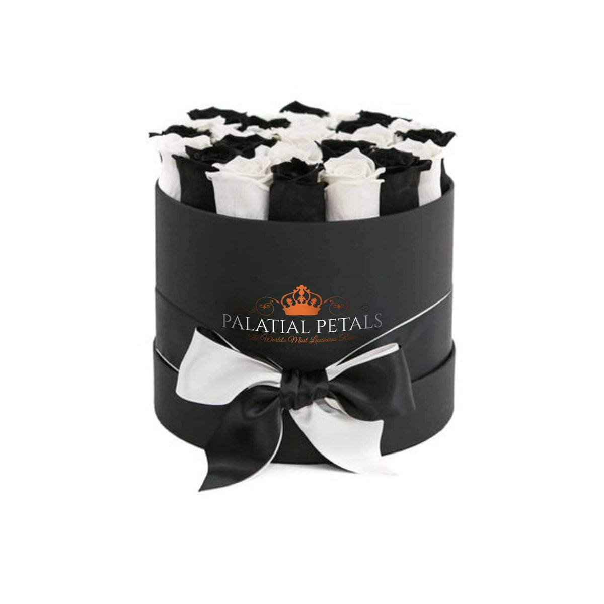 Black Magic & Snow White Preserved Roses in Round Gift Box