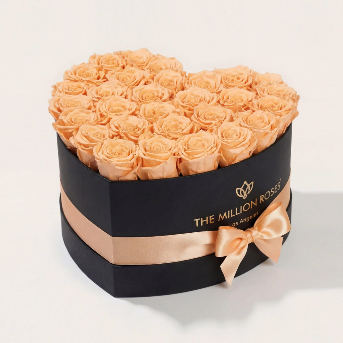 28-30 Peach Preserved Roses in Black Heart Gift Box