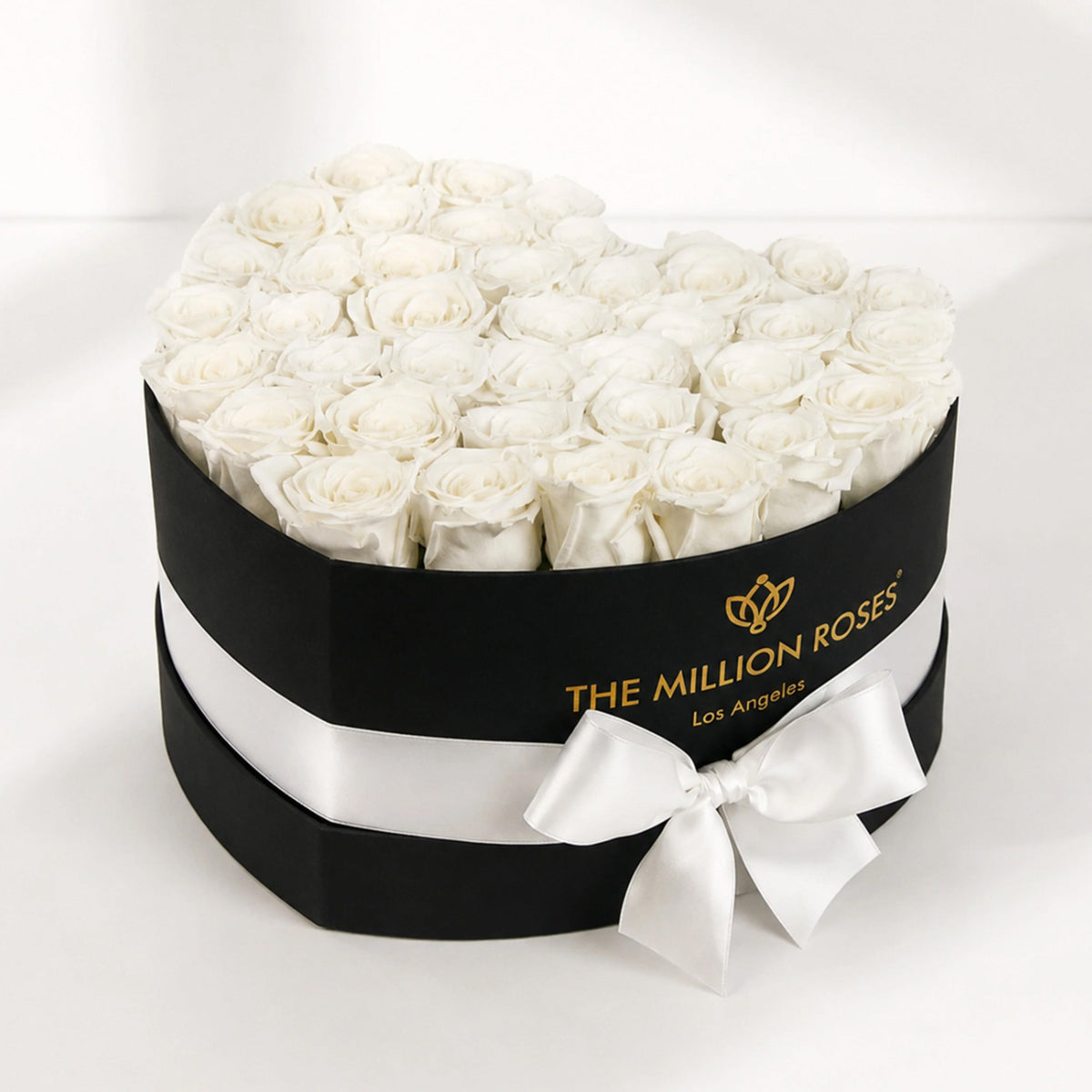 28-30 White Preserved Roses in Black Heart Gift Box