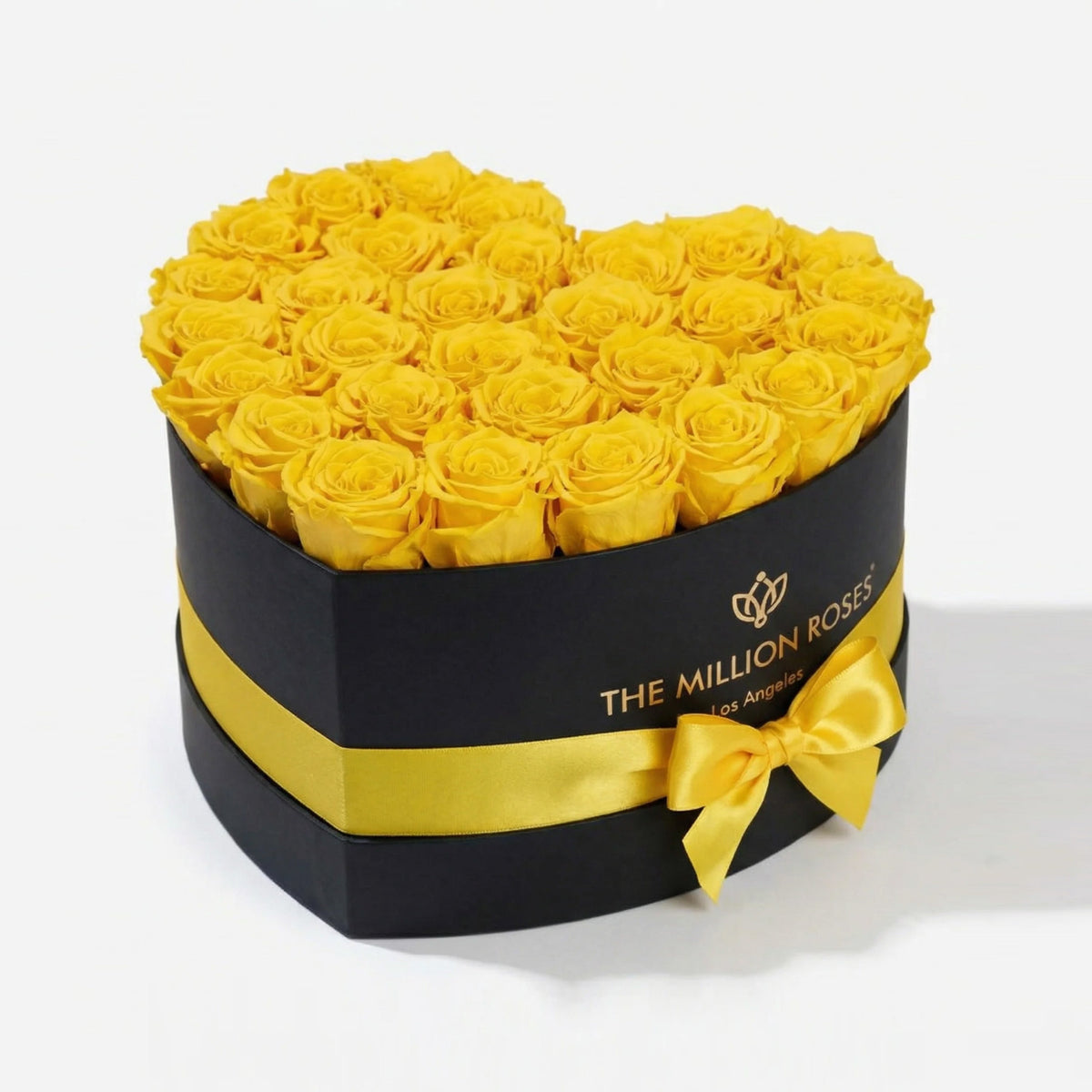 28-30 Yellow Preserved Roses in Black Heart Gift Box