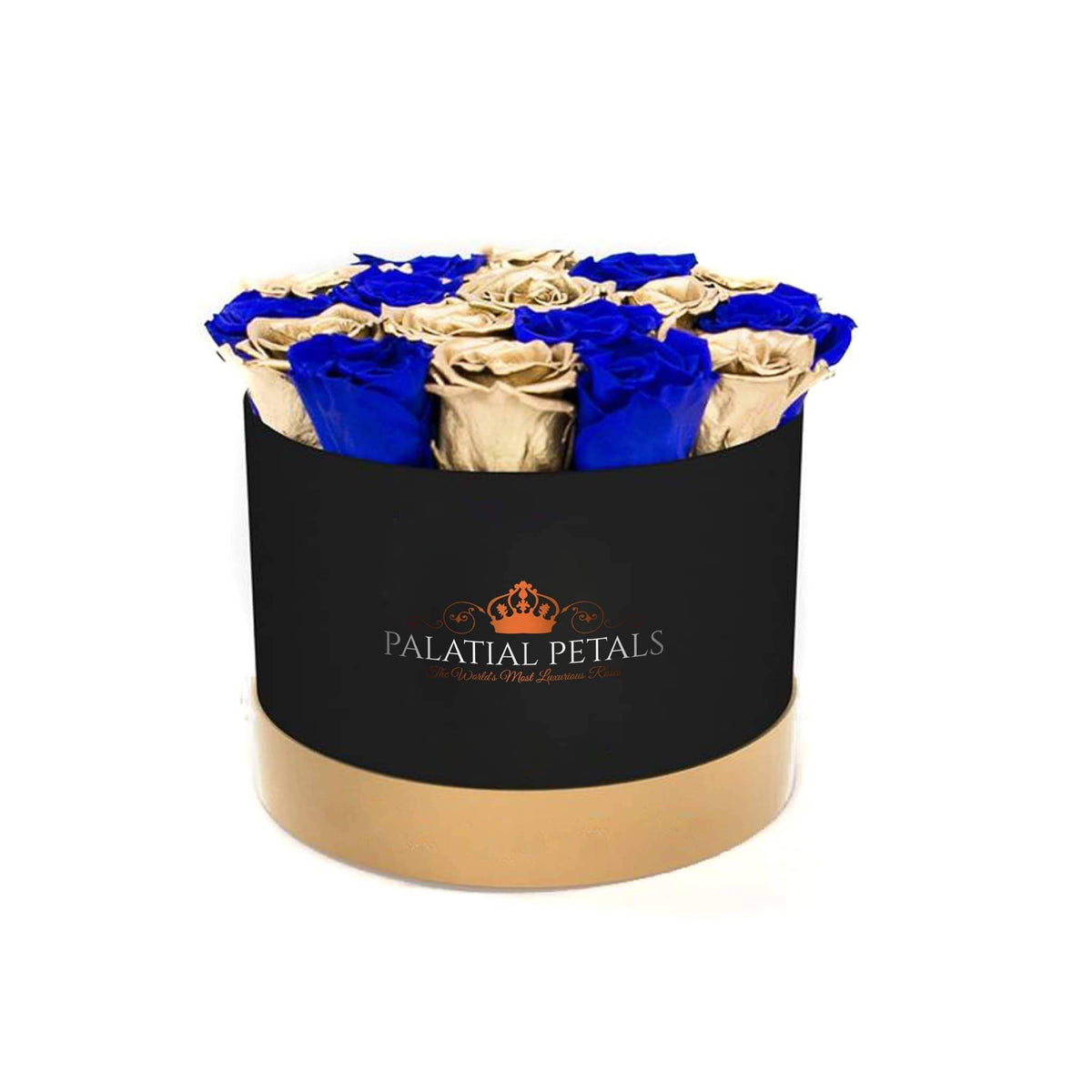 Blue & 24K Gold Preserved Roses in Round Gift Box
