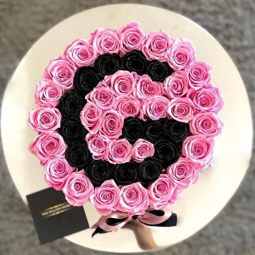 Candy Pink & Black Magic Preserved Roses in XL Round Gift Box – Style 2