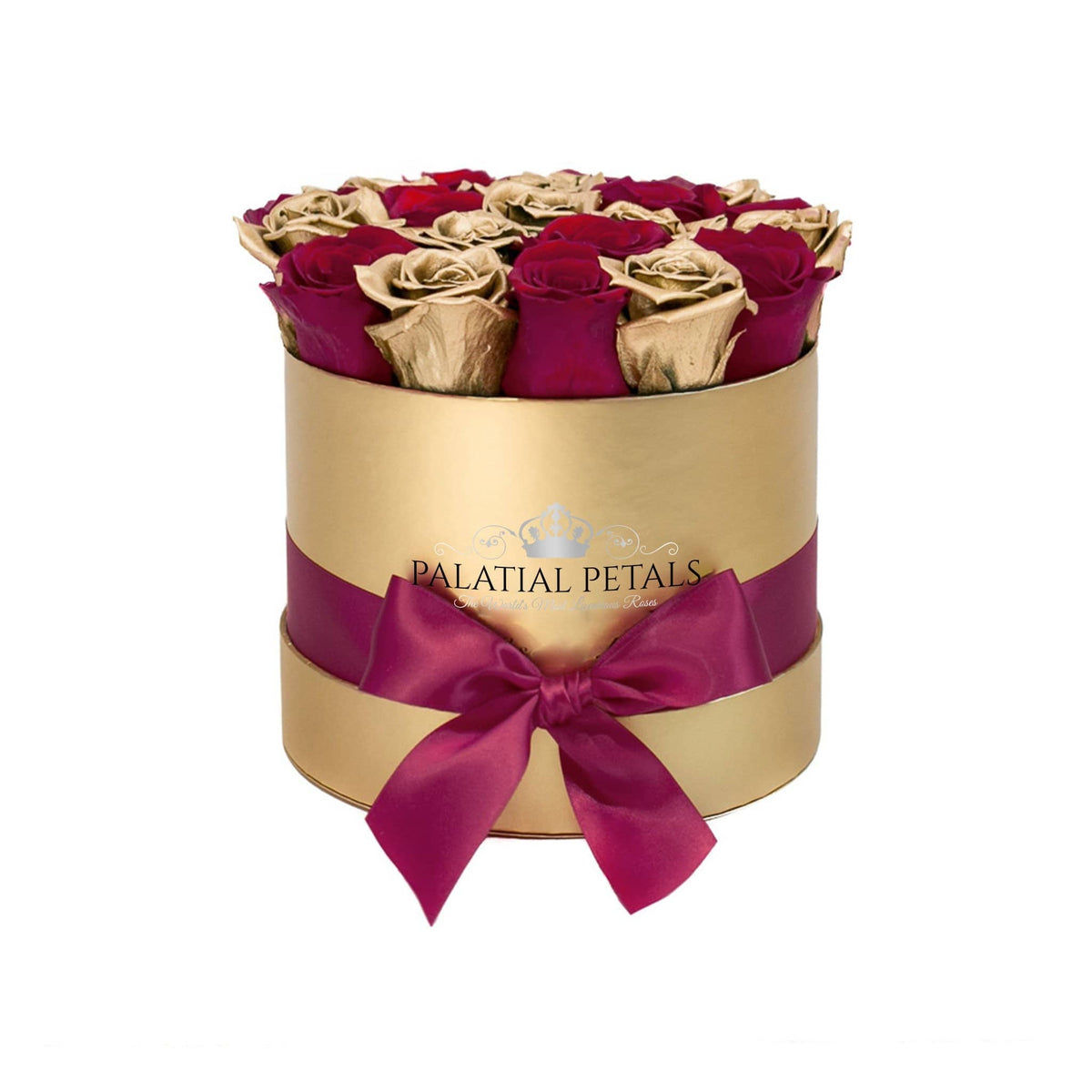 24K Gold & Red Wine Preserved Roses in Round Gift Box