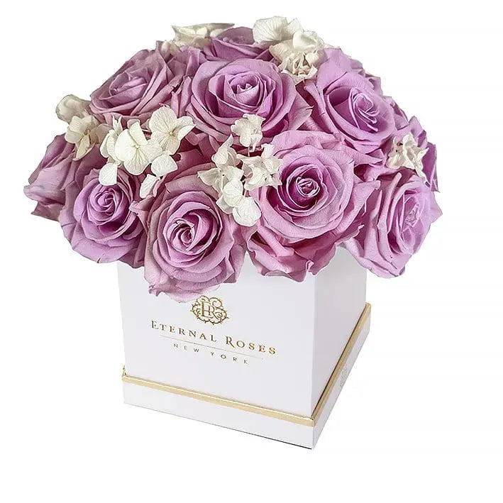 Small 21-23 Iris Preserved Roses in Half Moon Gift Box