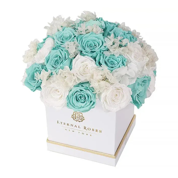 Small 21-23 Ocean Breeze Preserved Roses in Half Moon Gift Box