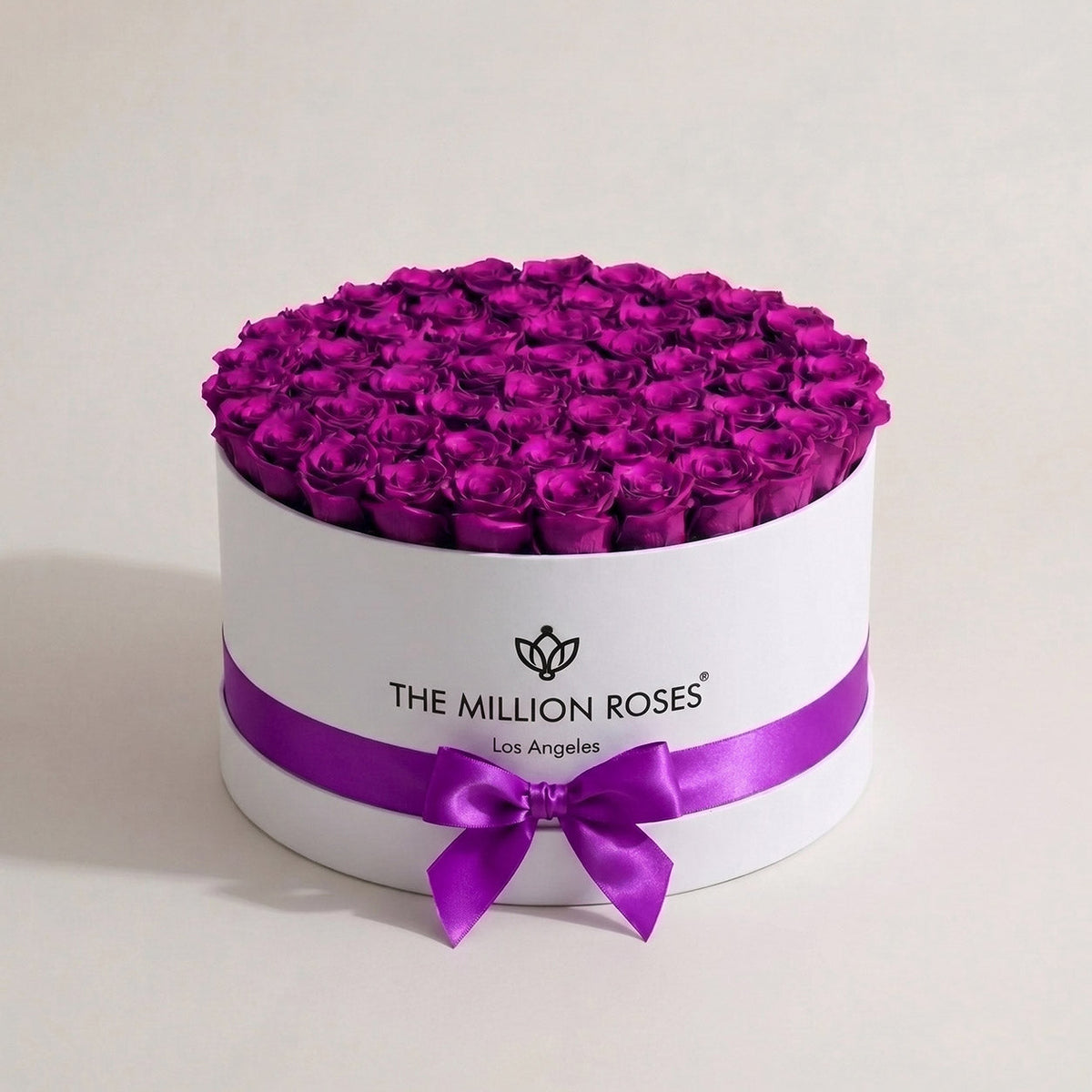 White & Purple Preserved Roses in Round Gift Box
