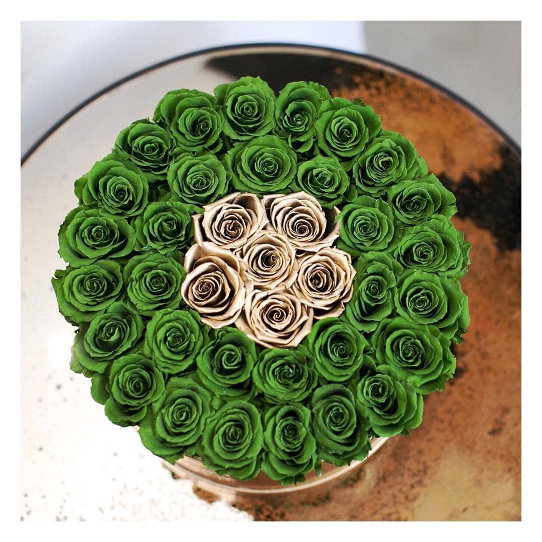 Emerald Green & 24K Gold Preserved Roses in XL Round Gift Box