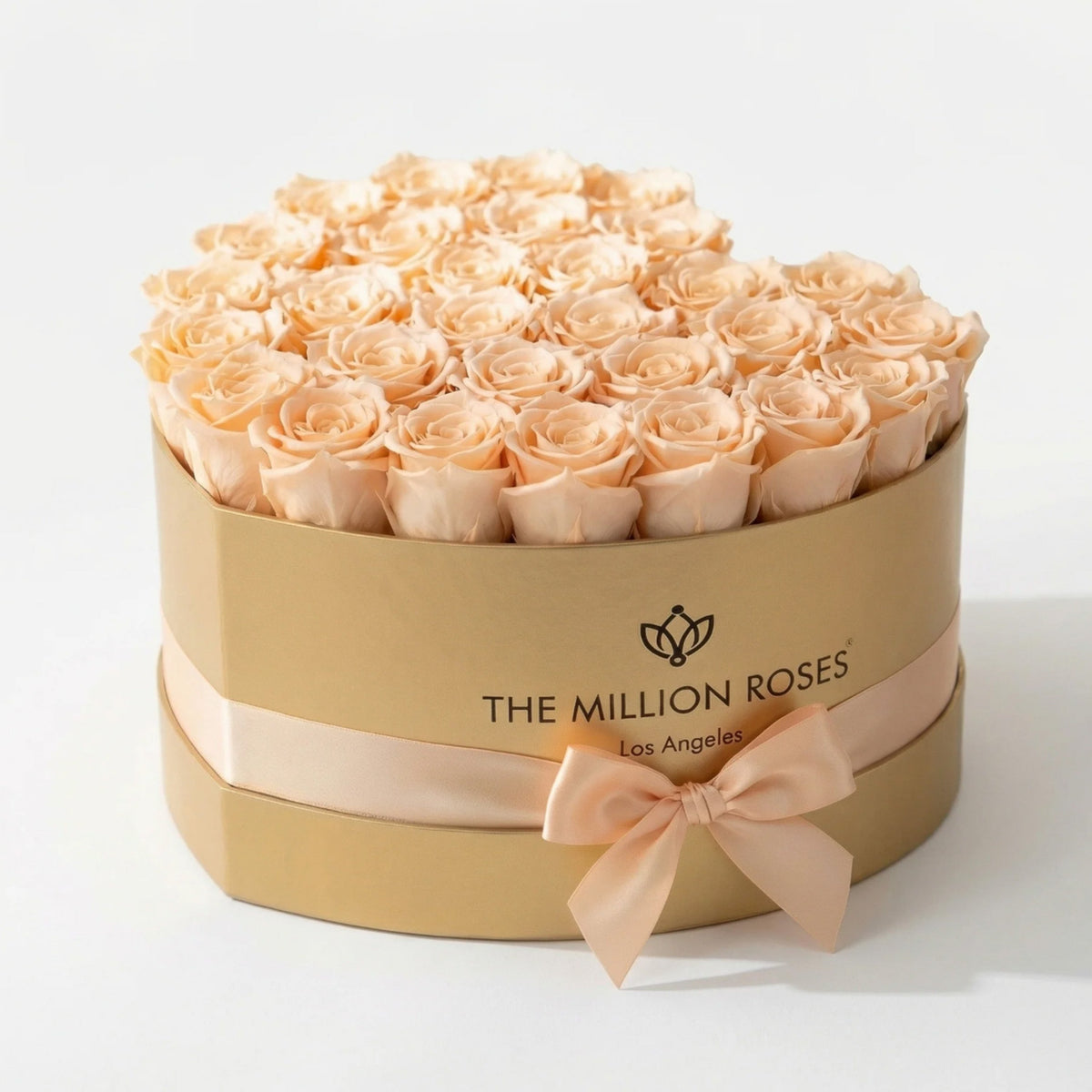 28-30 Peach Preserved Roses in Gold Heart Gift Box