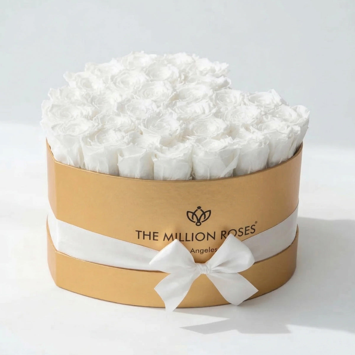 28-30 White Preserved Roses in Gold Heart Gift Box