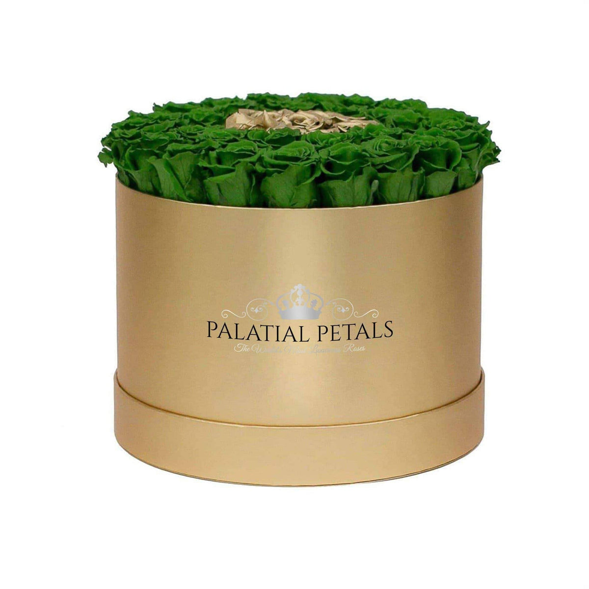 Large Emerald Green & 24K Gold Preserved Roses in Round Gift Box