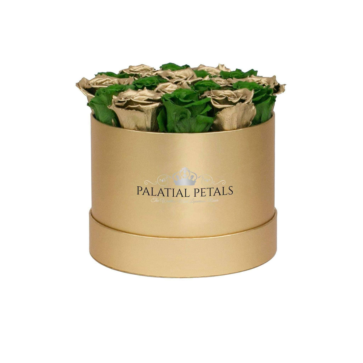 24K Gold & Emerald Green Preserved Roses in Round Gift Box