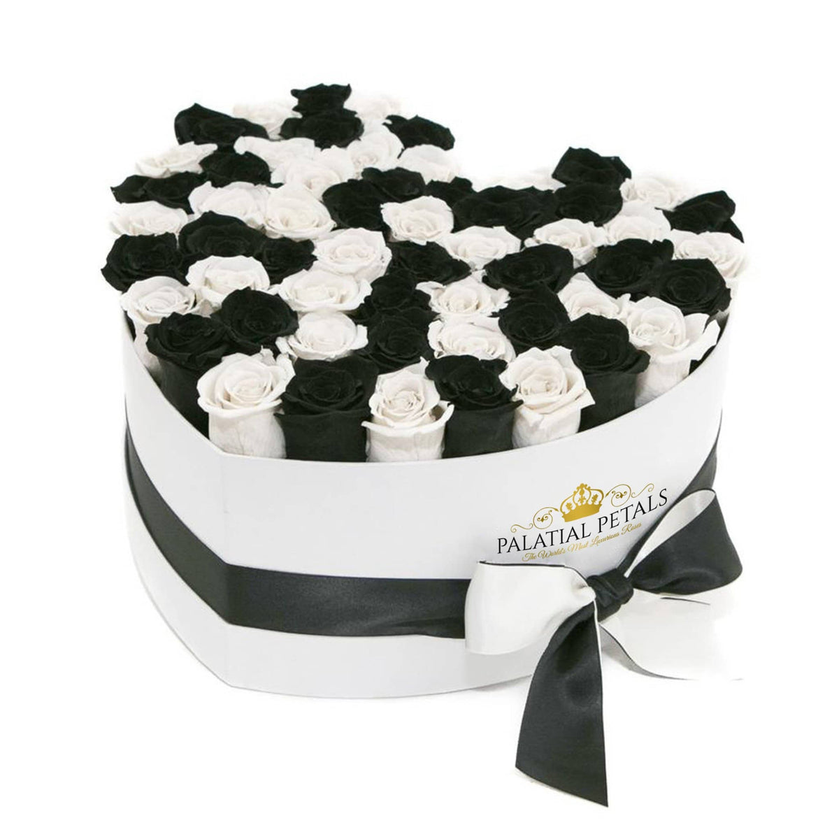 Black Magic & Snow White Preserved Roses in Heart Gift Box