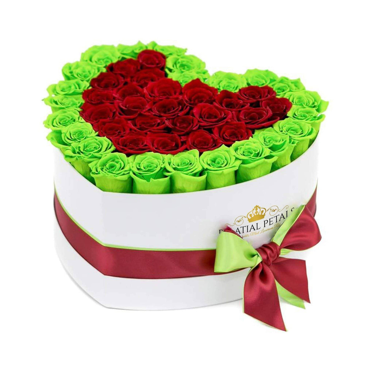 Lime Green & Red Preserved Roses in Heart Gift Box