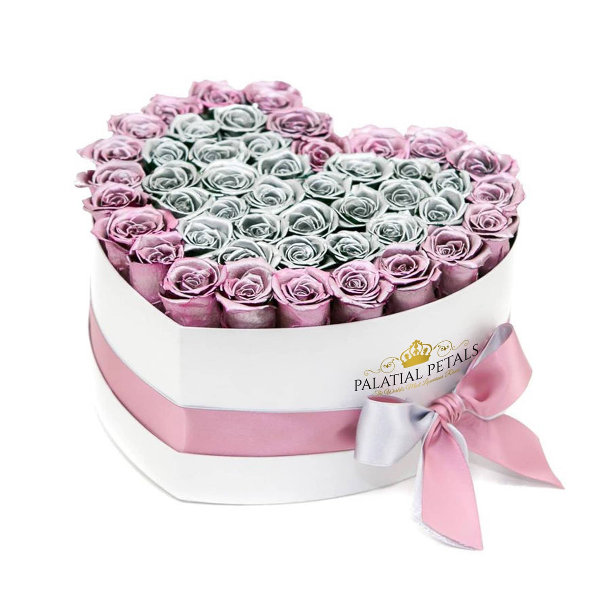 Metallic Pink & Silver Preserved Roses in Heart Gift Box