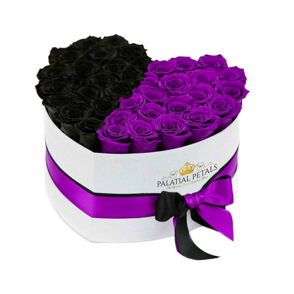 Black & Purple Preserved Roses in Heart Gift Box