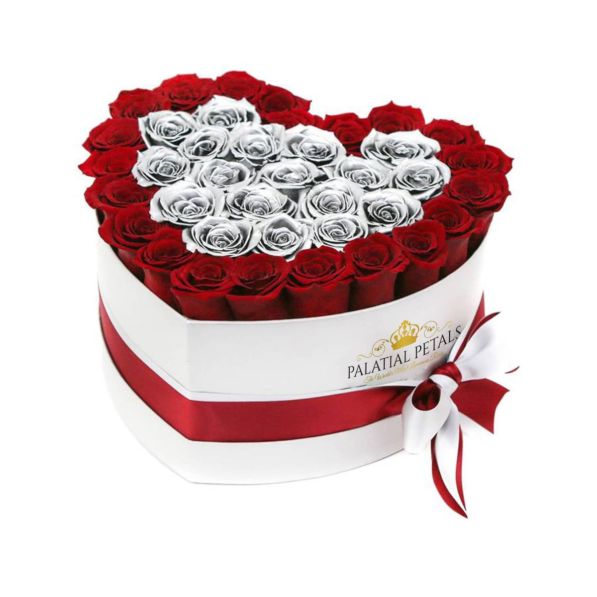 Red & Metallic Silver Preserved Roses in Heart Gift Box