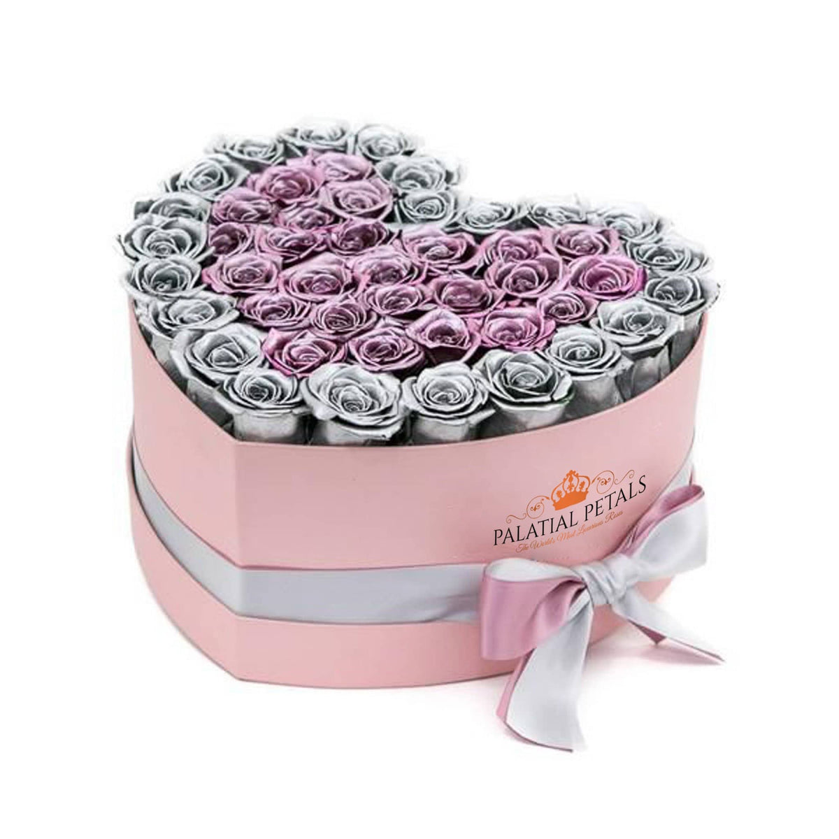 Silver & Metallic Pink Preserved Roses in Heart Gift Box