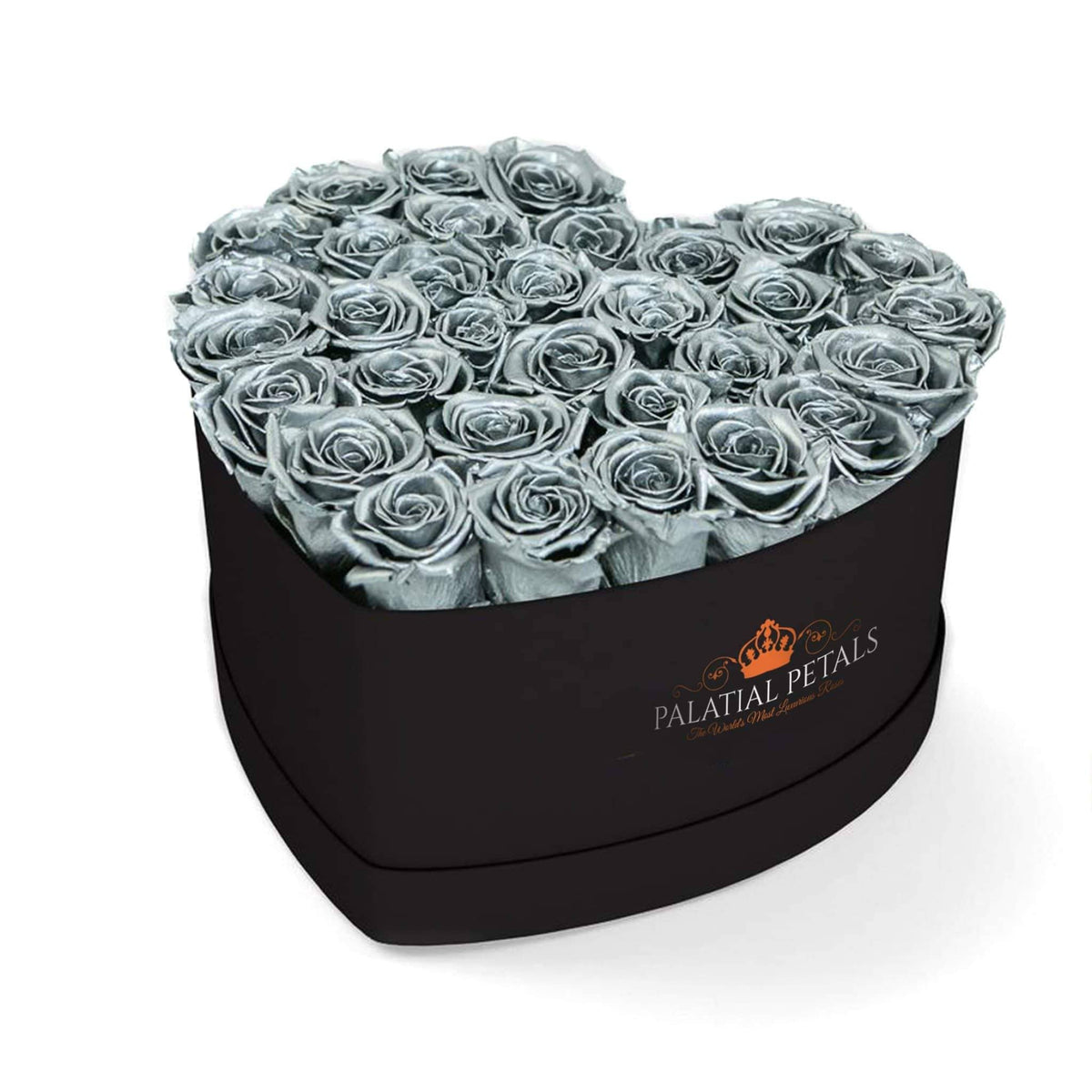 Metallic Silver Preserved Roses in Heart Gift Box – Style 2