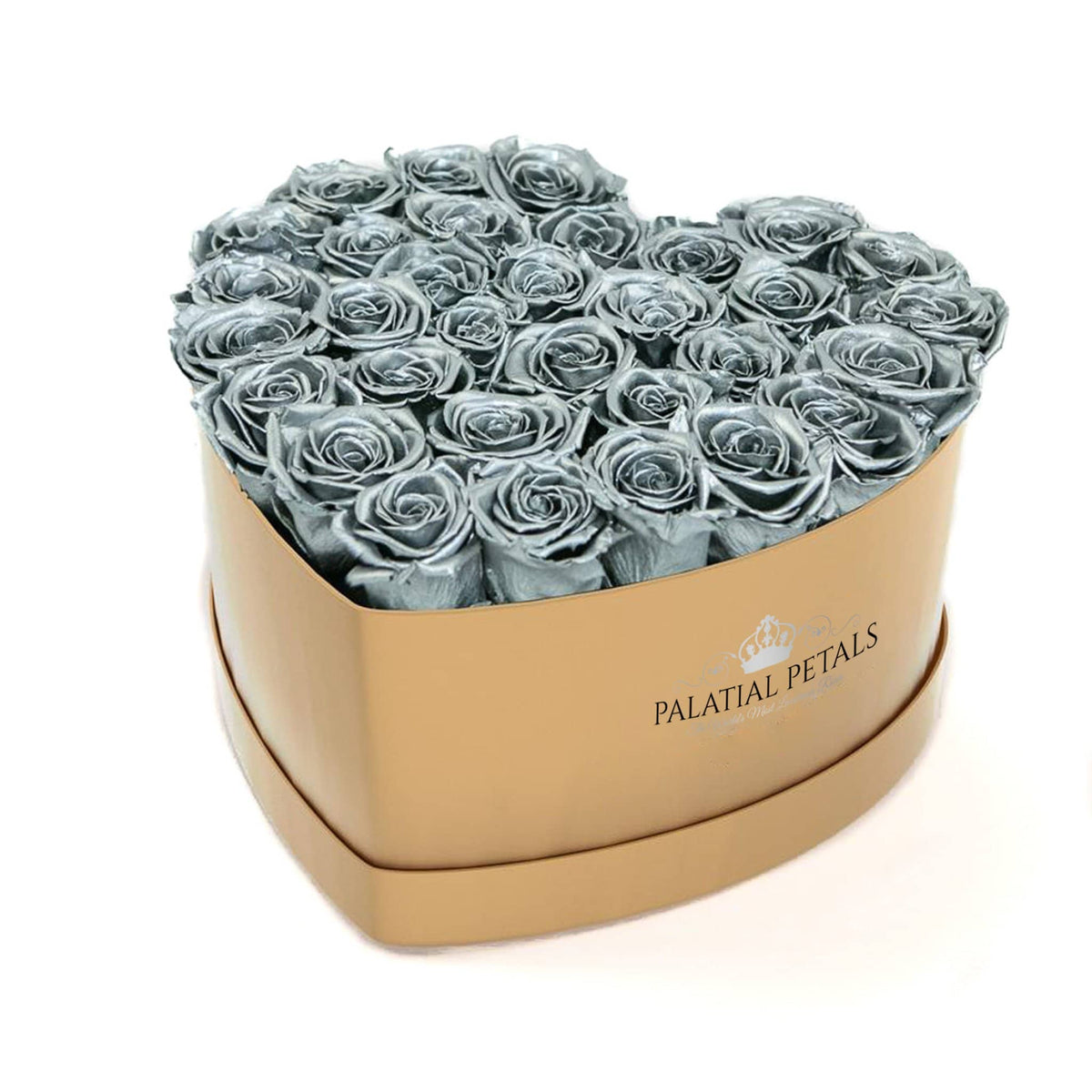 Metallic Silver Preserved Roses in Heart Gift Box – Style 3