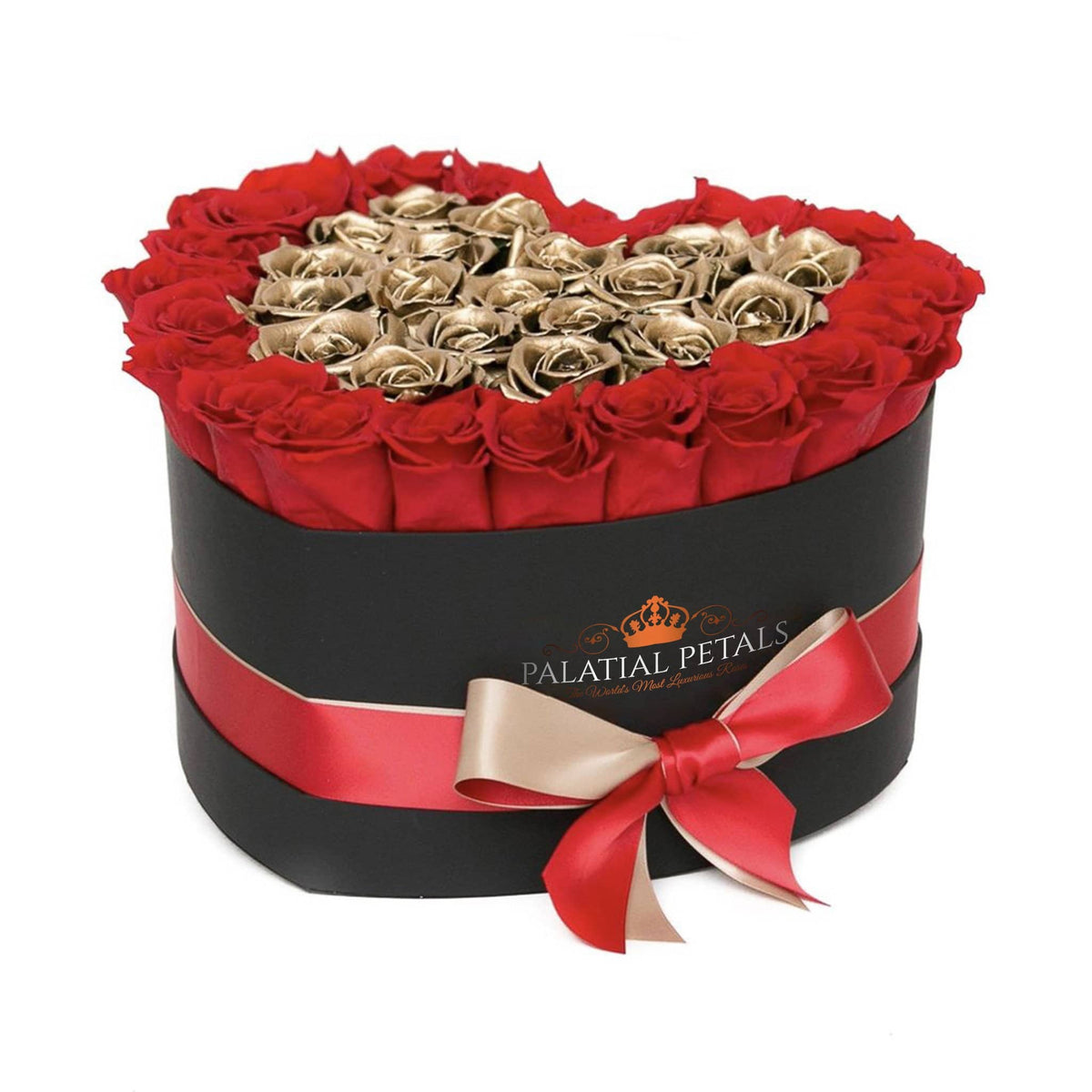 Red & 24K Gold Preserved Roses in Heart Gift Box – Style 2