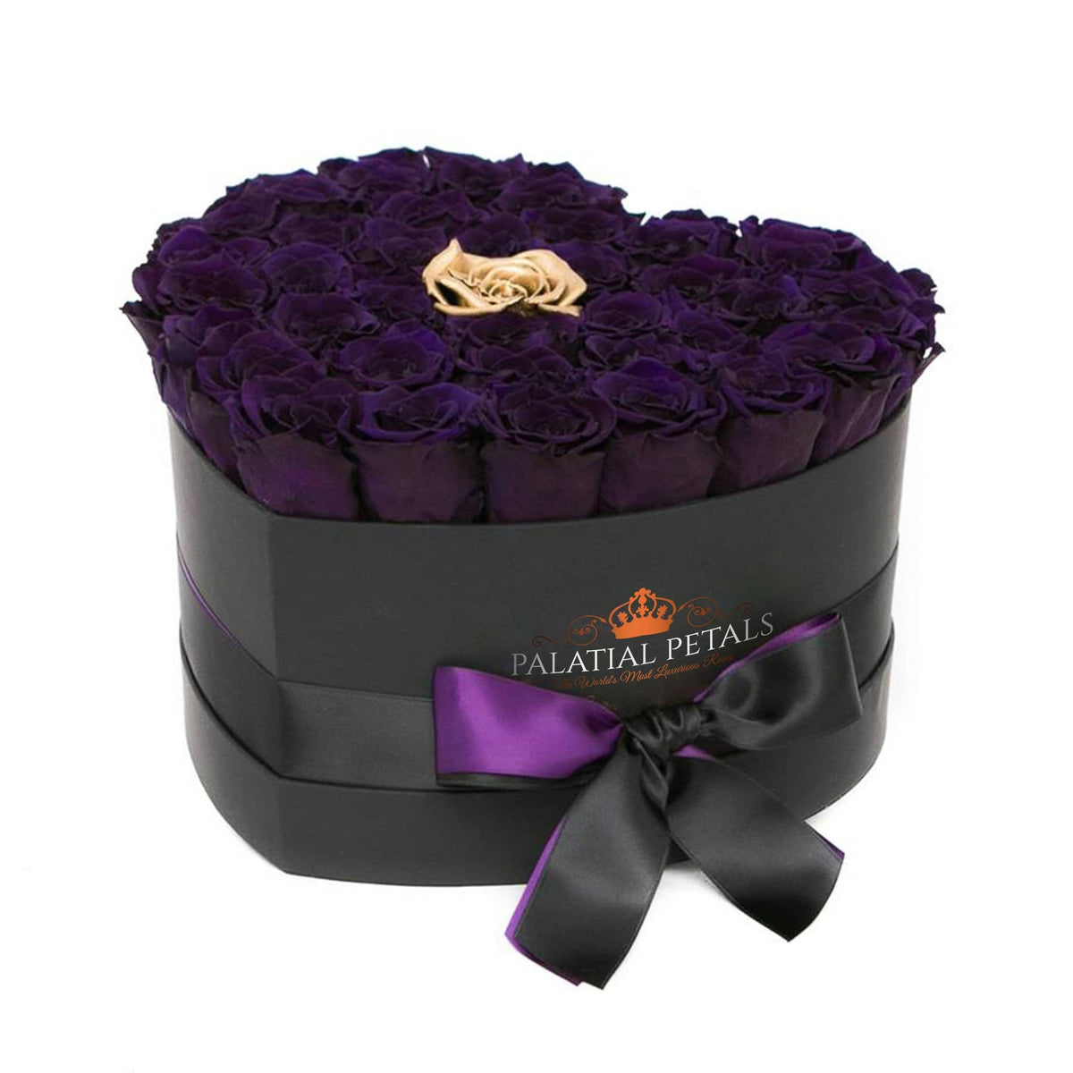 Purple & Gold Preserved Roses in Heart Gift Box