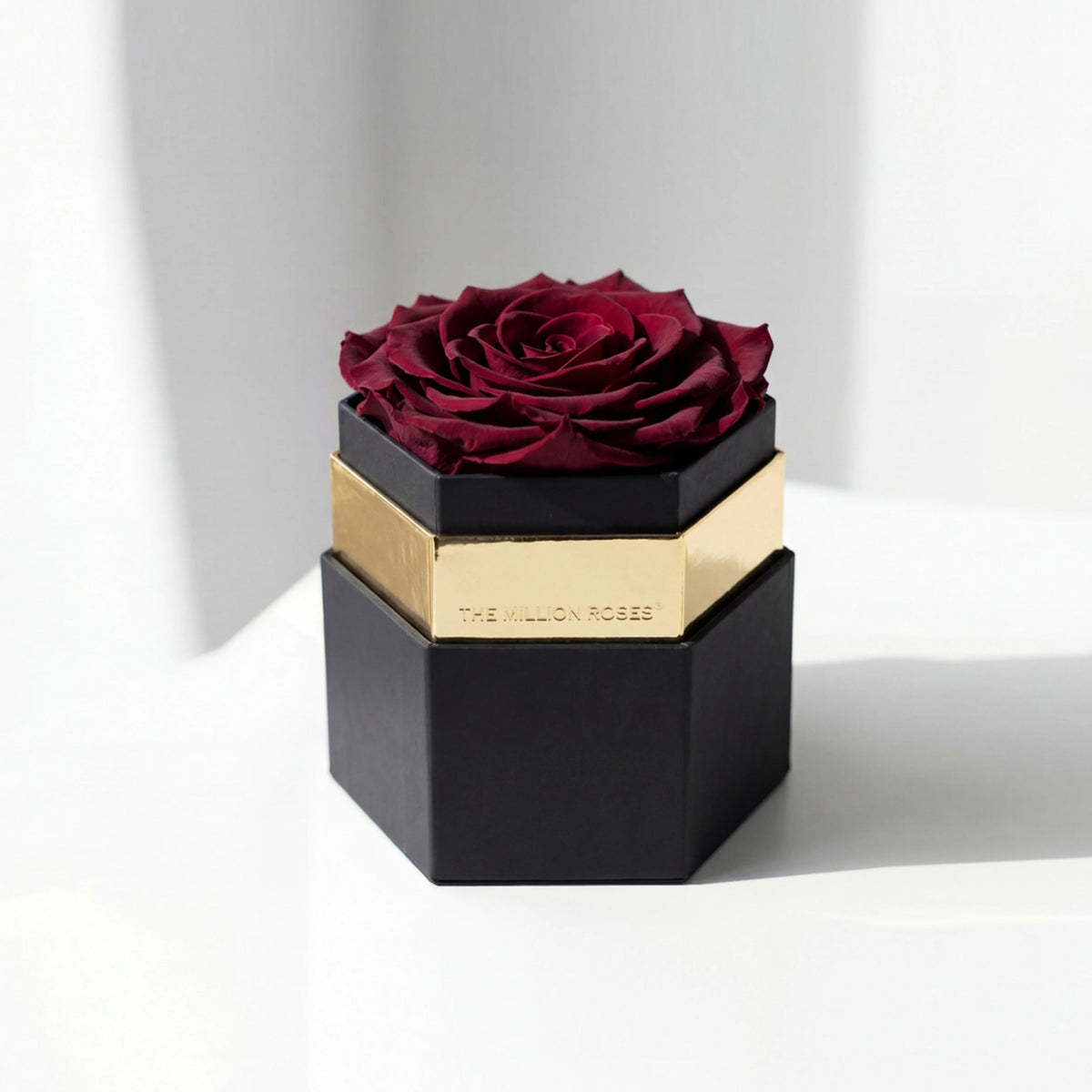 Single Burgundy Preserved Rose in Hexagon Gift Box