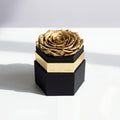 Single Gold Preserved Rose in Black Hexagon Gift Box