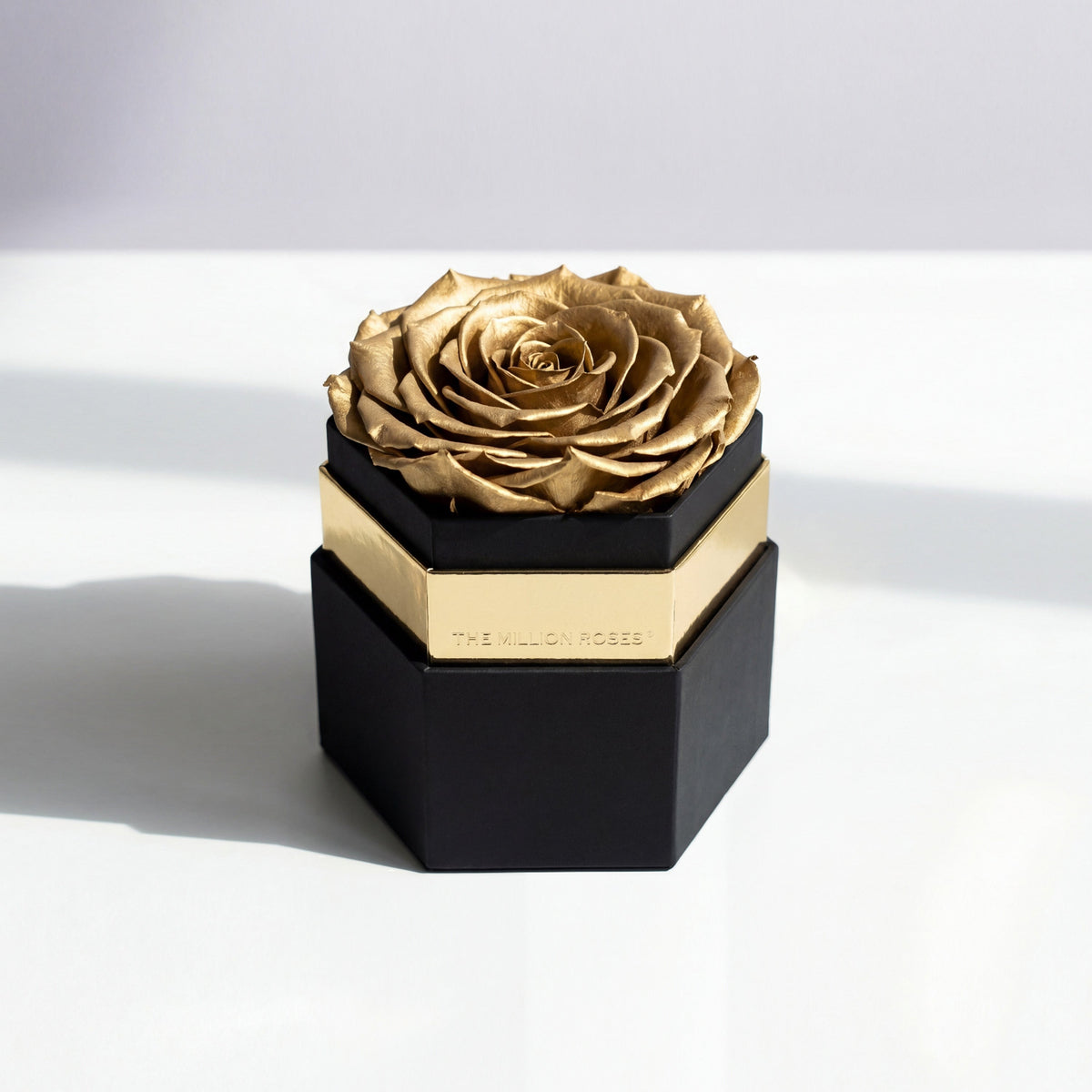 Single Gold Preserved Rose in Black Hexagon Gift Box