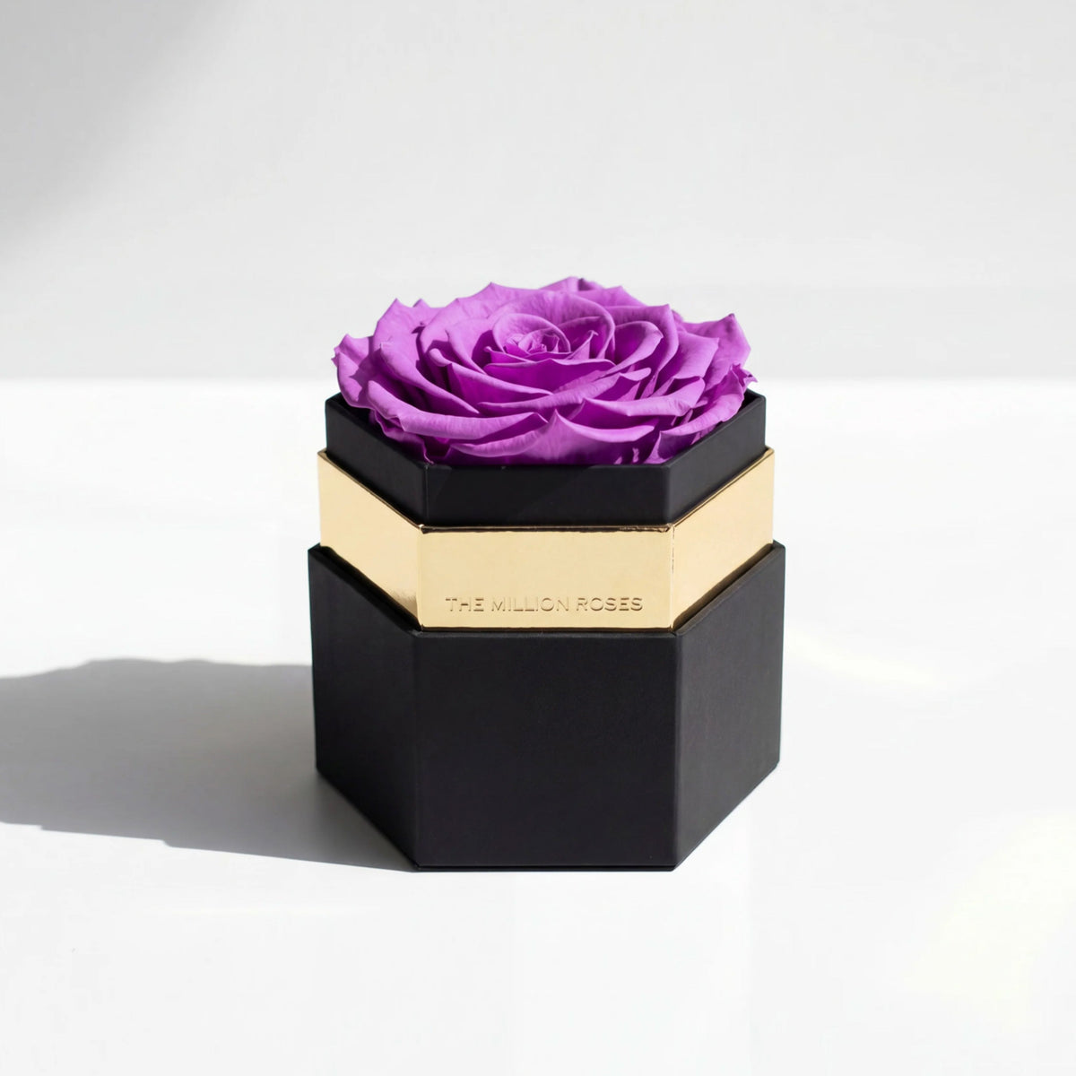 Single Purple Preserved Rose in Black Hexagon Gift Box