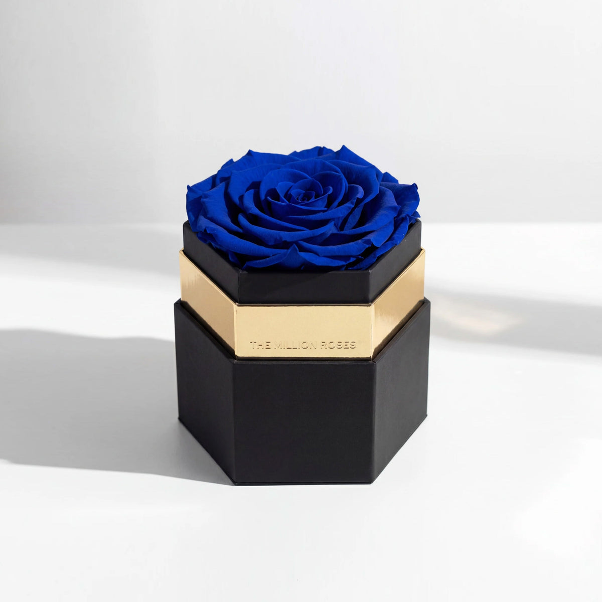 Single Blue Preserved Rose in Black Hexagon Gift Box