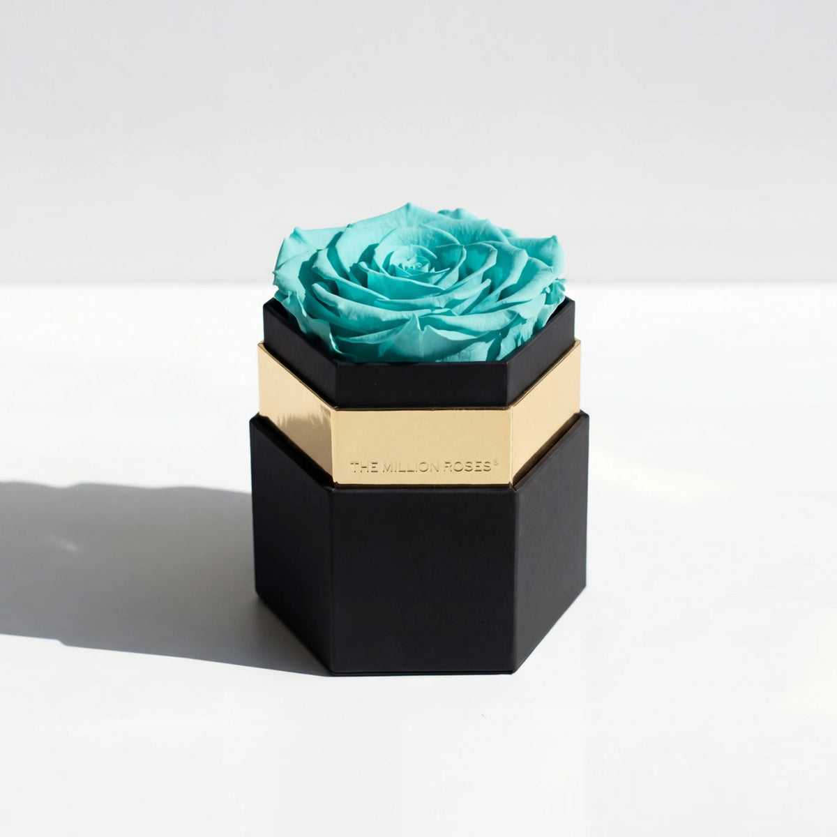 Single Turquoise Preserved Rose in Hexagon Gift Box
