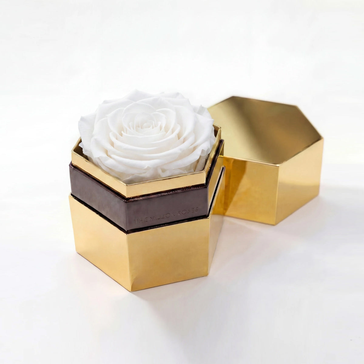 Single White Preserved Rose in Gold Mirror Hexagon Gift Box