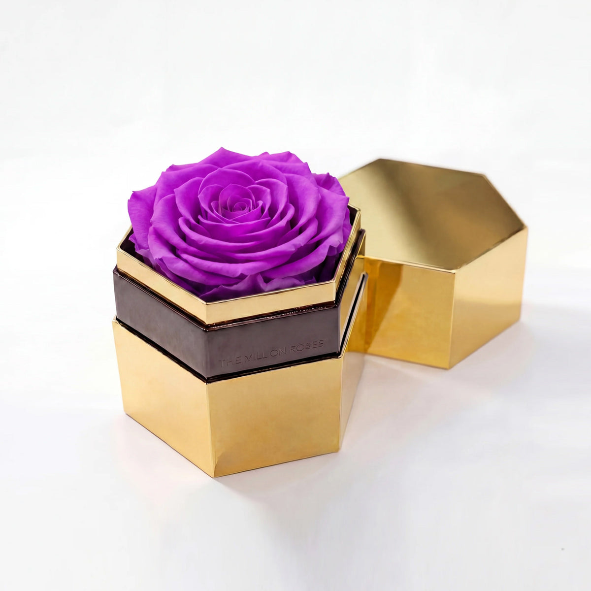 Single Purple Preserved Rose in Gold Mirror Hexagon Gift Box