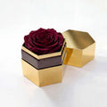 Single Burgundy Preserved Rose in Gold Mirror Hexagon Gift Box