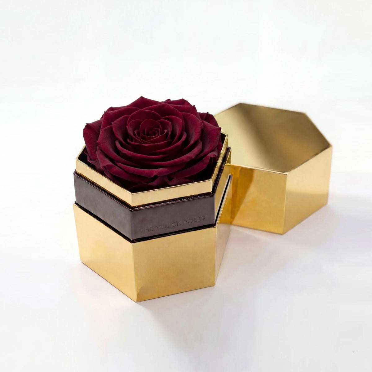 Single Burgundy Preserved Rose in Gold Mirror Hexagon Gift Box