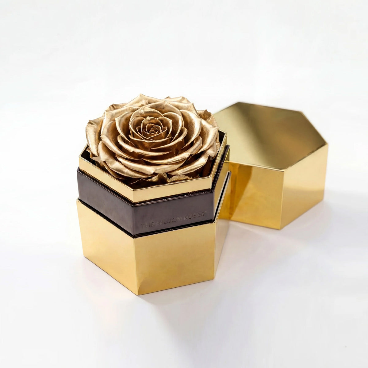 Single Gold Preserved Rose in Gold Mirror Hexagon Gift Box