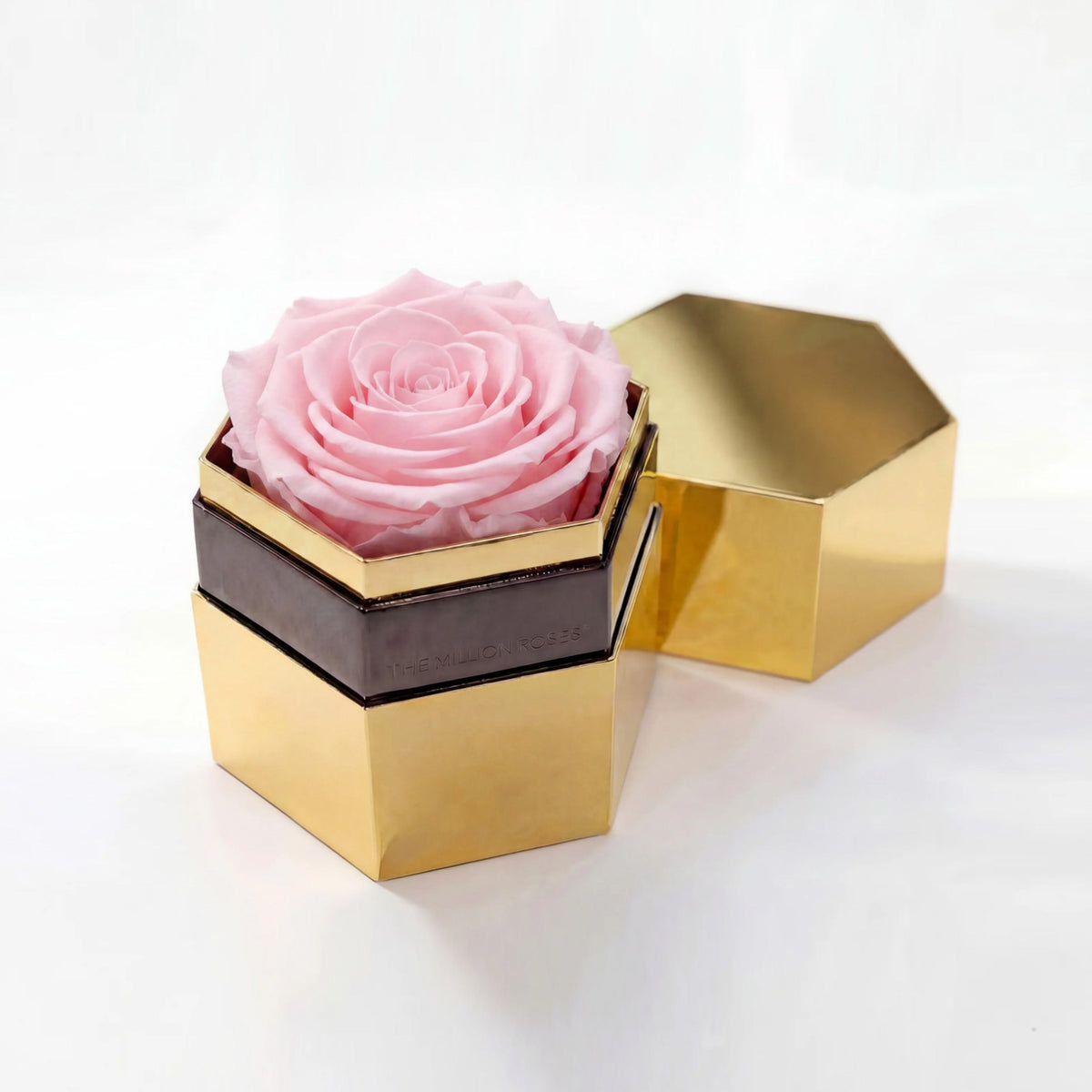 Single Pink Preserved Rose in Gold Mirror Hexagon Gift Box