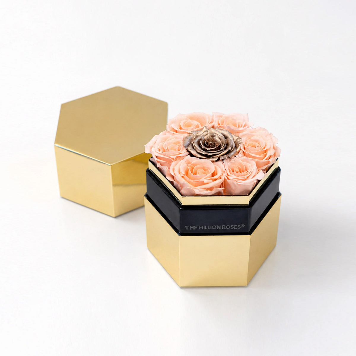Single Peach Preserved Rose in Gold Mirror Hexagon Gift Box – Style 2