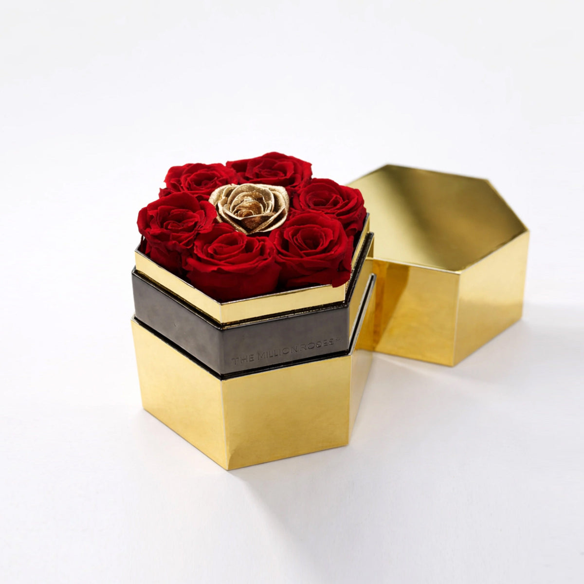 Single Red Preserved Rose in Gold Mirror Hexagon Gift Box – Style 2