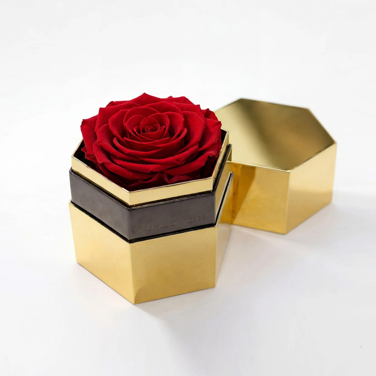 Single Red Preserved Rose in Gold Mirror Hexagon Gift Box